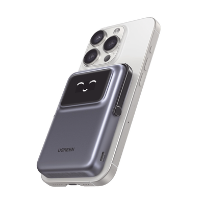 Power Bank Serie UNO Inalambrico | 10000mAh | 7.5W/20W  |  Con Emojis de Estado | Carga Rápida USB-C Bidireccional  | Pantalla TFT  Inteligente | Con Holder | Color Grey.
