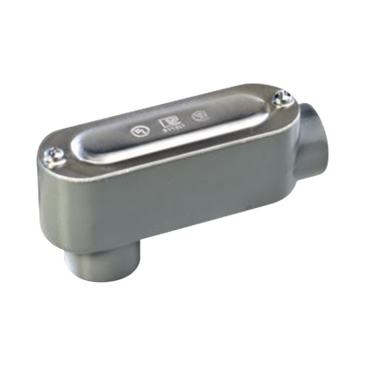 Caja oval roscada tipo LB de 1 1/4″ (31.8 mm) incluye tapa y tornillos.