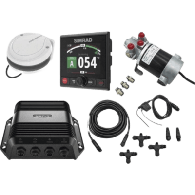 Piloto Automático Simrad para Embarcaciones Fueraborda y Dentrofueraborda / Paquete Completo / Controlador AP44 con Pantalla a Color 4.1 Pulgadas / Bomba Hidráulica RPU-80 / Brújula Precision-9 / Compatible con NMEA 2000® / Virtua