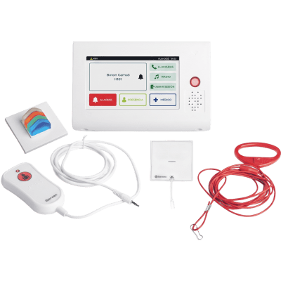 Kit de Habitación Hospitalaria PRO / Terminal IP 7″ Táctil + Pulsador Cama IP67 + Luz Cuatricolor + Tirador Baño / Comunicación Paciente-Enfermero VoIP SIP / PoE / Antibacteriano