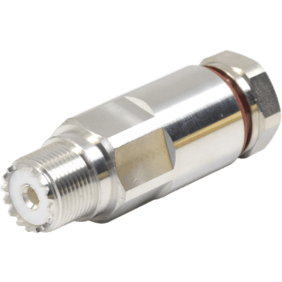 Conector UHF Hembra (SO-239) de Rosca para cable LP-450A, LDF4-50A, Bronce Blanco/ Plata/ Teflón.