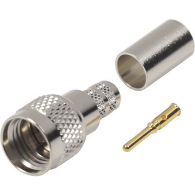 Conector Mini-UHF Macho, 50 Ohm de Anillo Plegable para  LMR-240, RG-8/X, 9258, Niquel/ Oro/ Delrin.