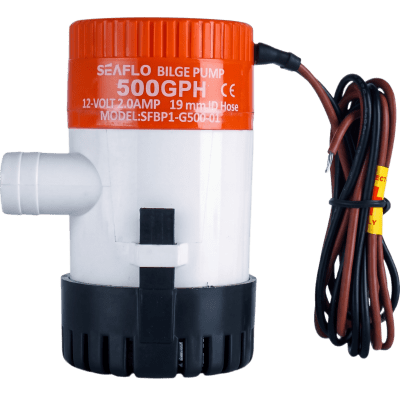 Bomba de Achique Sumergible SEAFLO SFBP1-G50-01 / 500 GPH (1,893 LPH) / 12V CD / No Automática / Protección Anti-Aire / Sellos Herméticos / Cableado Marino / Base de Filtro Removible