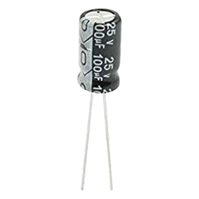Capacitor Electrolítico Radial / 100 µF / 25 Vcc / 105 °C / 6.3 x 11 mm / Corriente de Rizado 170 mA RMS