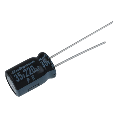 Capacitor Electrolítico Radial / 220 µF / 35 Vcc / 105 °C / 10 x 12.5 mm / Corriente de Rizado 440 mA RMS