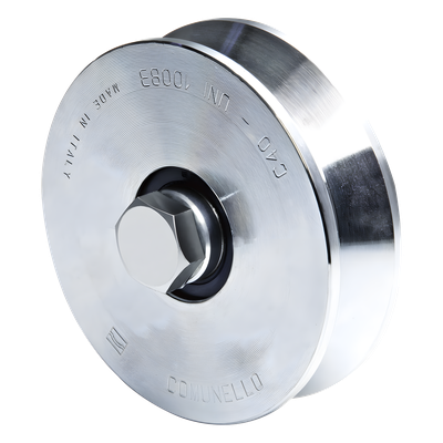 Rueda de Acero para Puerta Corrediza / Canal V / Carga 425 kgf / Diámetro 100 mm (3.9 in) / Cojinete Doble / Fijación M14