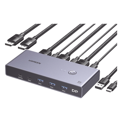 Conmutador KVM DisplayPort / 8K@60Hz / HDR / 2×1 DP 1.4 / 4 Puertos USB 3.0 / Carcasa Aluminio