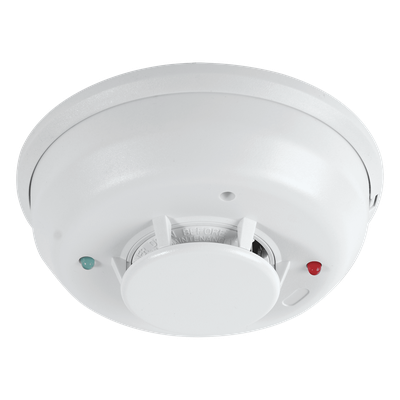 Detector de Humo Foto-Térmico Convencional / 2 Hilos No Polarizado / Relevador Auxiliar Forma C / Sensor Térmico Fijo 57.2 °C / LED Bicolor / Base Plug-In Incluida