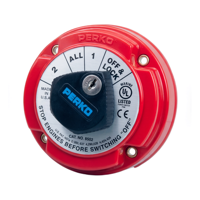 Switch Selector de Batería Marina / 250A Continuos / 360A Intermitentes / 6-32 VCC / 4 Posiciones con Bloqueo por Llave / Encendido Protegido