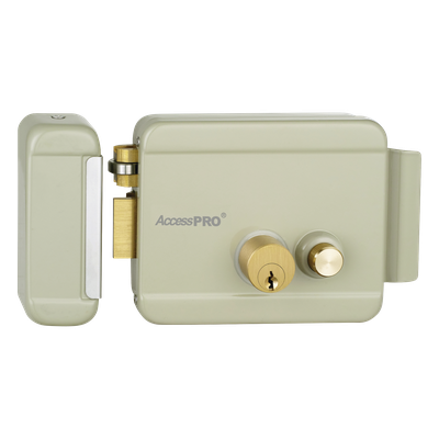 Cerradura Eléctrica con Botón de Salida / Doble Cerrojo / 12 VCA 2.5 A / Pulsos de 2 Seg / Exterior Izquierda
