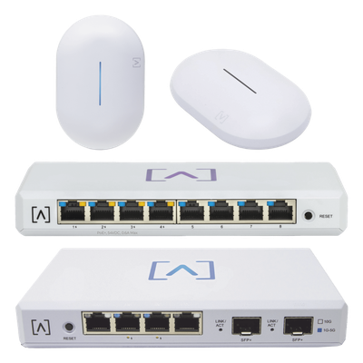 Kit de Red Profesional / Router Gigabit / Switch PoE 8 Puertos / 2 Puntos de Acceso Wi-Fi 6 / Administración en la Nube / Filtrado de Contenido