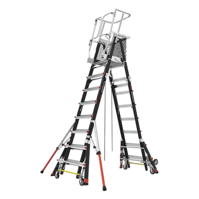 Escalera de Fibra de Vidrio con Jaula / Ajuste de Altura 8′ a 14′ (2.44 a 4.27 m) / Carga Máxima 170 kg (375 lb) / Nivelación en Ruedas Ratchet™ / Peso 58.5 kg (129 lb)