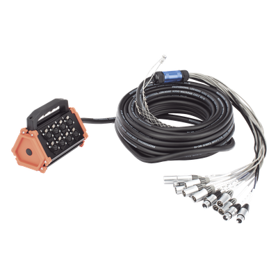 Stagebox Multipin / 12 Hembras + 4 Machos XLR / Cable 30 m (98.4 ft) / Contactos Plata / 20 A 250 V CA / Carcasa Cromada Perlada