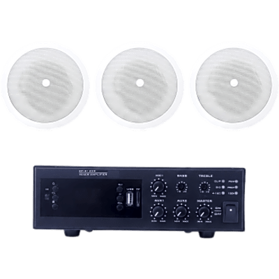 Kit de Sonido Ambiental / Amplificador 120W / 3 Altavoces de Plafón 5″ / Sistema 70/100V / Bluetooth y USB / Entrada XLR Phantom 48V