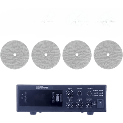 Kit de Amplificador de 120W / 4 Altavoces de Techo 6″ / Sistema 70/100V / Bluetooth / MP3 / FM / USB