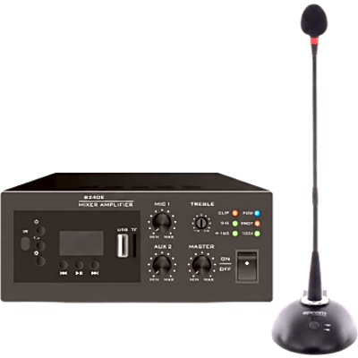 Kit Amplificador y Micrófono / 240W / Salida 4~16Ω o 100V / Bluetooth FM MP3 USB / Phantom 48V / Micrófono Cuello de Ganso Cardioide