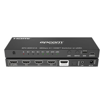 Switch HDMI 4×1 / 8K@60Hz 4:2:0 / 48 Gbps / ARC/eARC / Extracción de Audio Óptico y Analógico / Control CEC / Gestión EDID / USB-C Firmware