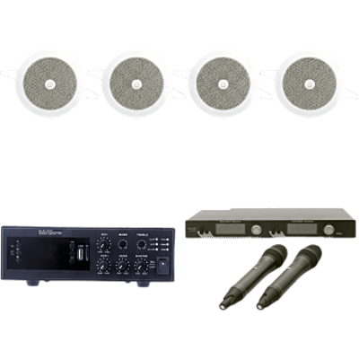 Kit de Audio para Conferencias / Amplificador 120W / 2 Micrófonos UHF / 4 Altavoces de Plafón 4″ / Bluetooth y MP3 / Alcance 100 m (328 ft)
