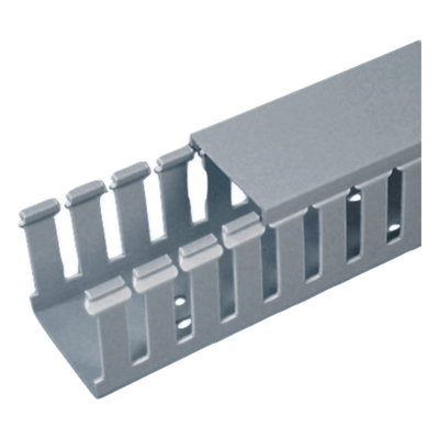 Canaleta Ranurada de PVC con Tapa / Tipo F / 1.75″ Ancho x 4.1″ Alto x 6.56′ Largo / UL94 V-0 / Gris