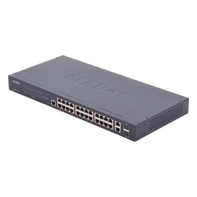 Switch administrable PoE+ / 24 puertos 10/100TX / 2 puertos combo Gigabit TP/SFP / 220W / 6,54 Mpps / 0-50°C / 1,44 x 0,98 x 0,15 pies