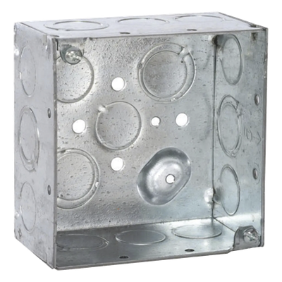 Caja Cuadrada Galvanizada / 4 x 4 in / Profundidad 2.125 in / Capacidad 30.3 in³ / 12 Knockouts / Resistente al Fuego