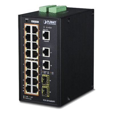 Switch Industrial Administrable / 16 Puertos PoE+ Gigabit / 2 Puertos Gigabit / 2 Puertos SFP / IP30 / -40 a 75°C