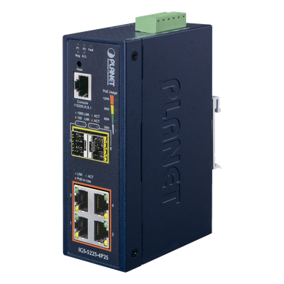 Switch Industrial Administrable Capa 2 / 4 Puertos PoE 802.3af/at Gigabit / 2 Puertos SFP 100/1000X / Anillo Redundante