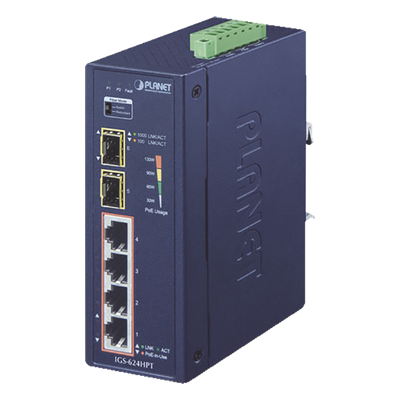 Switch PoE+ Industrial / 4 Puertos Gigabit PoE+ 802.3at / 2 SFP 1000X / IP40 / -40°C a 75°C / 130.6W / 12-56VDC