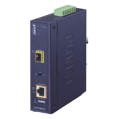 Convertidor de Medios PoE Industrial / SFP 1000BASE-X a RJ45 Gigabit / PoE+ 802.3at 30W / -40 a 75°C / IP30 / 12-48V CC o 24V CA