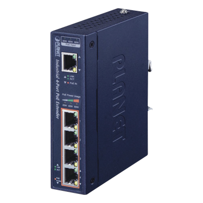 Extensor PoE Industrial / Entrada 802.3bt / 4 Salidas Gigabit 802.3af/at / Alcance 200 m (656 ft) / 95 W por Puerto
