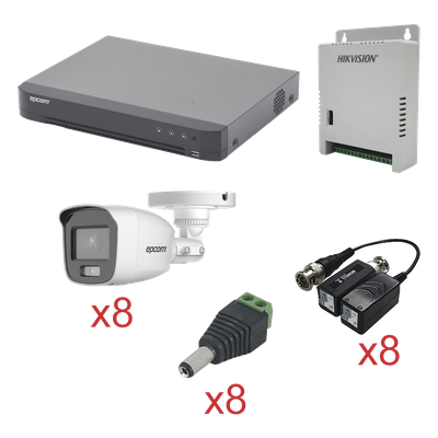 Kit TurboHD con Audio / DVR 8 Canales / 8 Cámaras Bala Exterior / 1080p / Luz Blanca 20 m (65.6 ft) / Audio Coaxitron / Fuente Seleccionable
