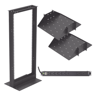 Kit de Rack 19″ / 24 UR / 2 Charolas Centrales / PDU 10 Tomas 110 VCA / 15 A Máx.