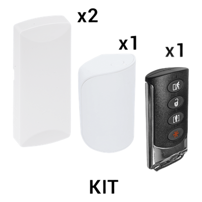Kit de Sensores Inalámbricos / 2 Contactos Magnéticos / 1 PIR Inmune a Mascotas 38 kg / 1 Llavero Remoto 4 Botones / 433 MHz / Alcance 12 m (39.4 ft)