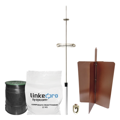 Kit Pararrayos / Electrodo de Cobre de Alta Sección / Pararrayos de Aluminio con Ionización / Radio de Cobertura 72° / Diseño para Excavaciones Poco Profundas / Cumple Estándares Internacionales de Telecomunicaciones