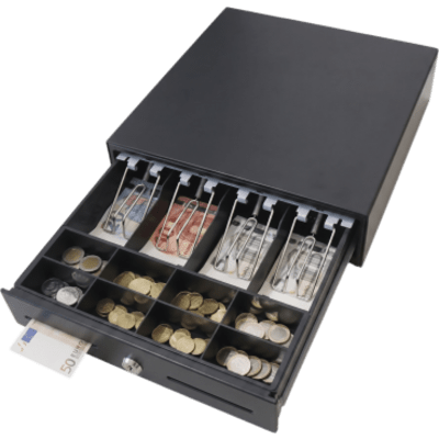 Cajón de Efectivo / Compacto 330 mm / 4 Billetes + 8 Monedas / Apertura RJ11 / Cerradura con Llave / Punto de Venta
