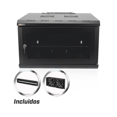 Gabinete de Pared 19 in / 6U / Profundidad 455 mm / Carga 60 kg / Puerta Perforada / 2 Ventiladores / Panel Cepillo