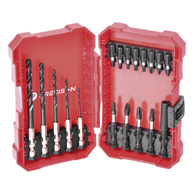 Juego de Puntas y Brocas / 18 Piezas / Entrada Hexagonal 1/4″ / PH, Torx, Cuadradas / Brocas 2-6 mm / Estuche Organizador