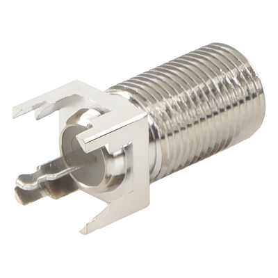 Conector F Hembra / Montaje Vertical PCB / 4 Terminales de Soldadura / Separación 0.32″ / Cuerpo Níquel / Contacto Estañado / Dieléctrico Polietileno
