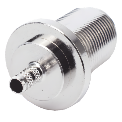 Conector RF Coaxial / N Hembra Hermético / Montaje Frontal Panel 2D Plano / Anillo Plegable RG-58/U / Cuerpo Bronce Niquelado / Contacto Oro / Aislante Teflón