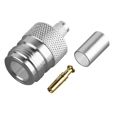 Conector RF Tipo N Hembra / Anillo Plegable / Contacto Oro / Cuerpo Plata / Aislante Teflón / Para Cable Proflex y Grupo P