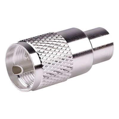 Conector Coaxial UHF Macho / PL-259 / Ensamble Roscado-Soldable / Para Cables RG-8/U, RG-213, RG-214, LMR-400, Belden 9913 / Cuerpo Bronce Plateado / Concha Níquelada