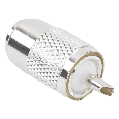 Conector UHF Macho / Compatibilidad RG-8/U y Derivados / Aislante de Teflón / Cuerpo de Bronce Plateado / Rosca Especial