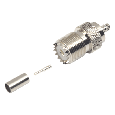 Conector UHF Hembra / SO-239 / Anillo Plegable / Cable RG-58/U y RG-142/U / Níquel y Plata / Delrin