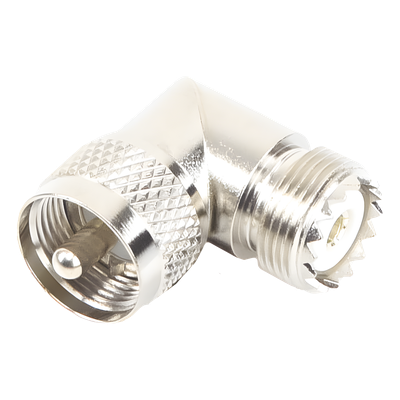 Adaptador RF en Ángulo Recto / UHF Macho PL-259 a UHF Hembra SO-239 / Cuerpo Bronce Niquelado / Aislante Delrin