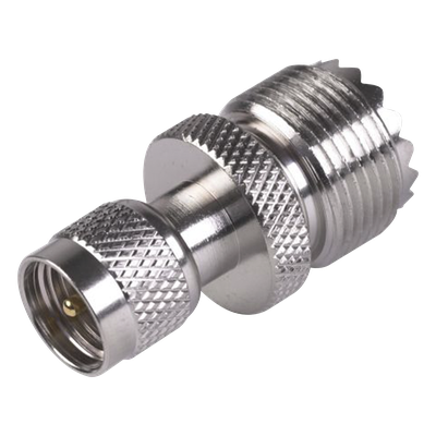 Adaptador Coaxial en Línea / Mini UHF Macho a UHF Hembra (SO-239) / Cuerpo Níquel / Contacto Oro / Aislante Teflón