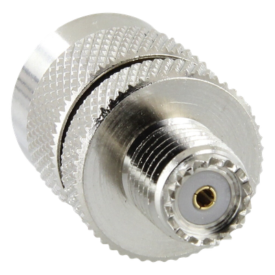 Adaptador RF / Mini UHF Hembra a UHF Macho (PL-259) / Montaje en Línea / Cuerpo Níquel / Contacto Oro / Aislante Teflón