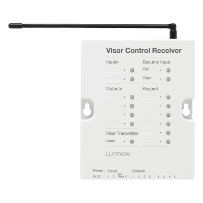 Receptor de Control de Visera / 4 Salidas de Contacto Seco / 2 Entradas de Contacto Seco / Entrada de Seguridad / Hasta 10 Transmisores / RadioRA 2