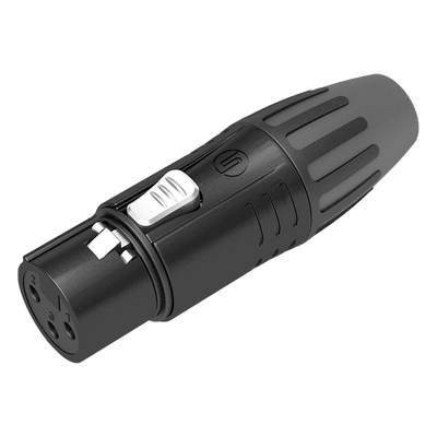 Conector XLR Hembra / Carcasa Metálica Negra / Contactos Chapados en Plata / Abrazaderas 3.5-8 mm / Diseño Compacto Sin Anillo