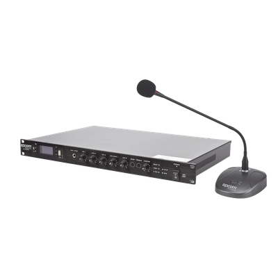 Kit Amplificador de Voceo / 120W RMS / Salida 100V/4Ω / Bluetooth / USB / MP3 / FM / 4 Entradas de Micrófono / Micrófono de Escritorio