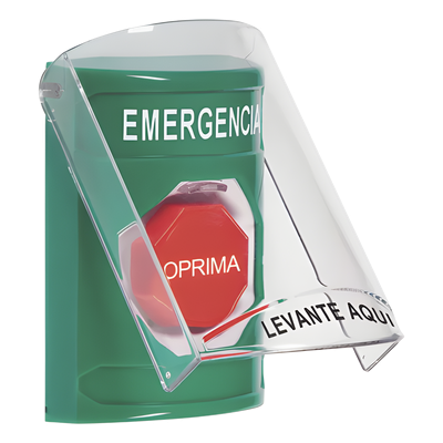 Botón de Emergencia de Superficie / Tapa de Policarbonato / Bocina Pre Alarma / 2 Relés C 10 A / Texto en Español / Solo Interior